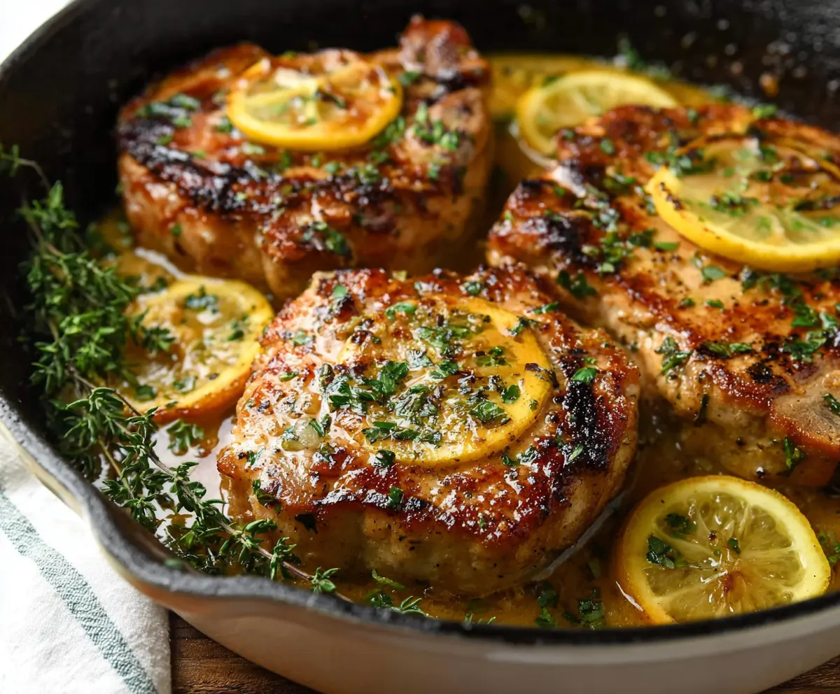 Juicy pork chops cooked with savory lemon butter sauce on a plate.