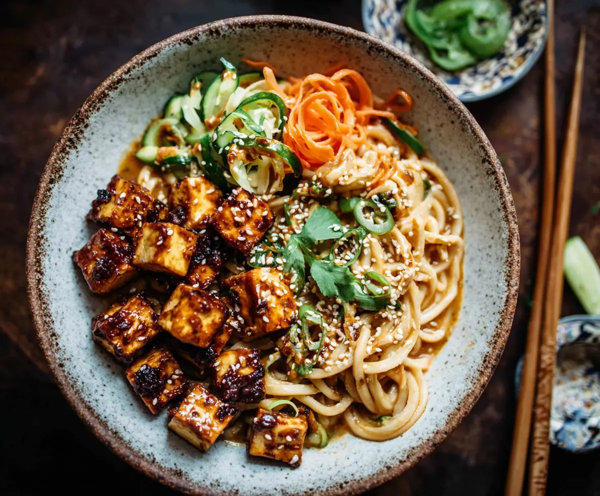 Delicious sesame noodle tofu bowls garnished with fresh vegetables and sesame seeds.