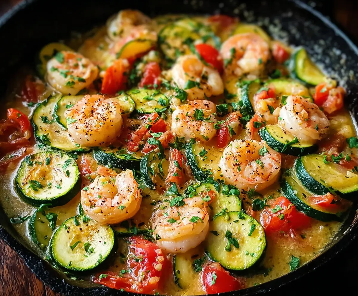 Delicious shrimp and zucchini skillet served on a white plate, highlighting a colorful and healthy meal.