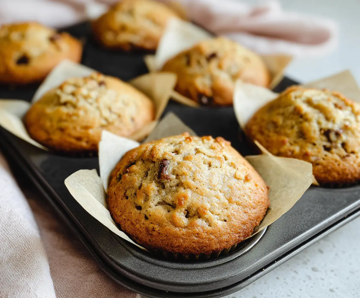 Delicious sourdough discard banana muffins on a plate, ripe bananas and baking ingredients in the background
