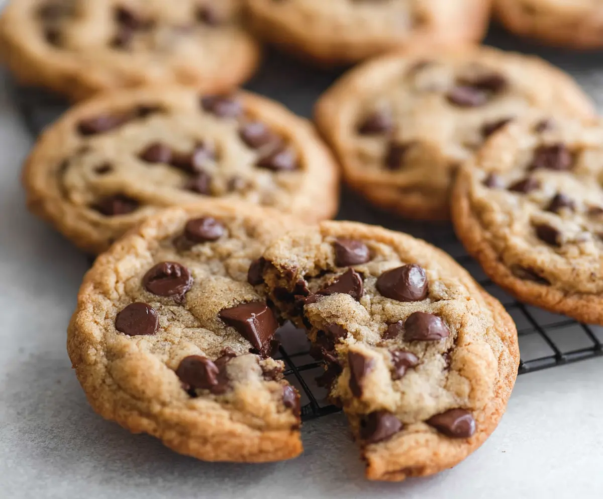 Homemade sourdough discard chocolate chip cookies fresh from the oven with gooey chocolate chips.