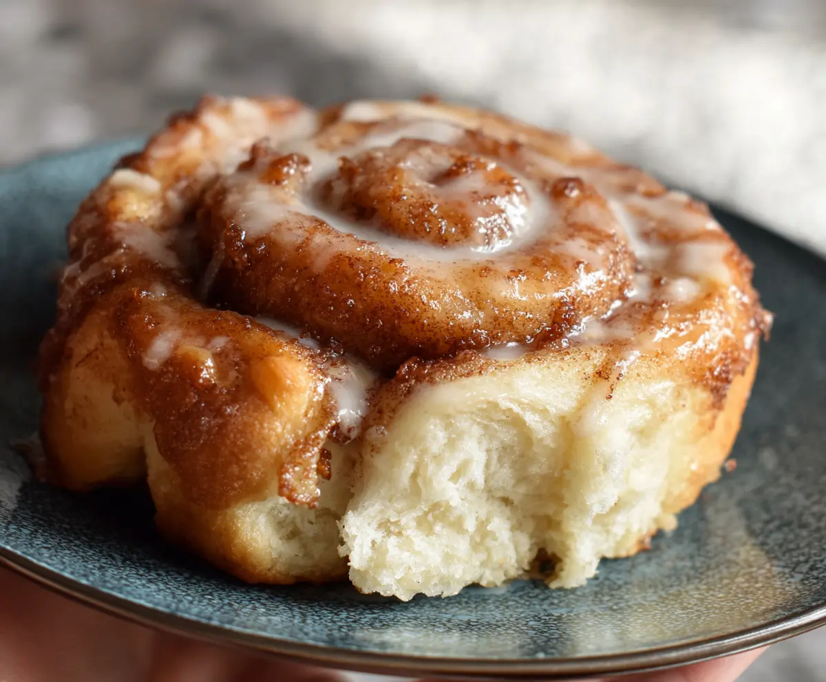 Delicious sourdough discard cinnamon rolls topped with glaze on a baking tray.