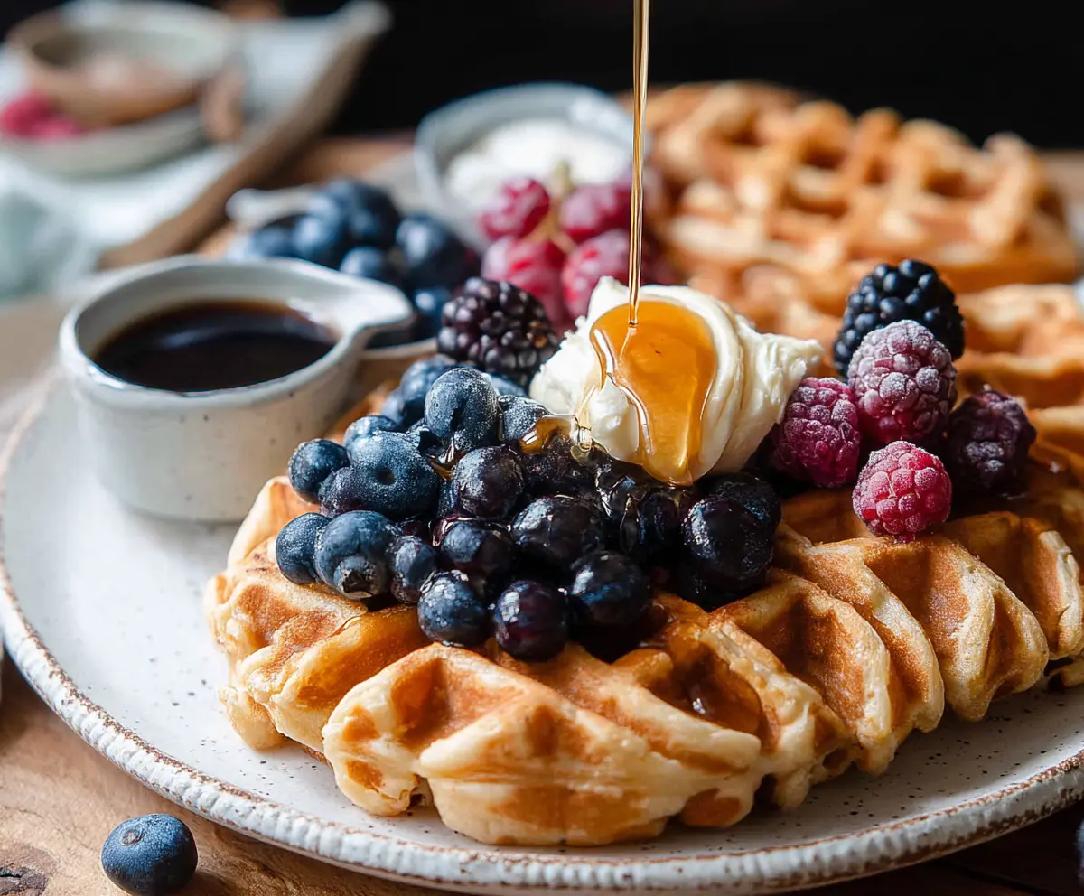 Golden brown sourdough discard waffles served with strawberries and syrup on a rustic plate.