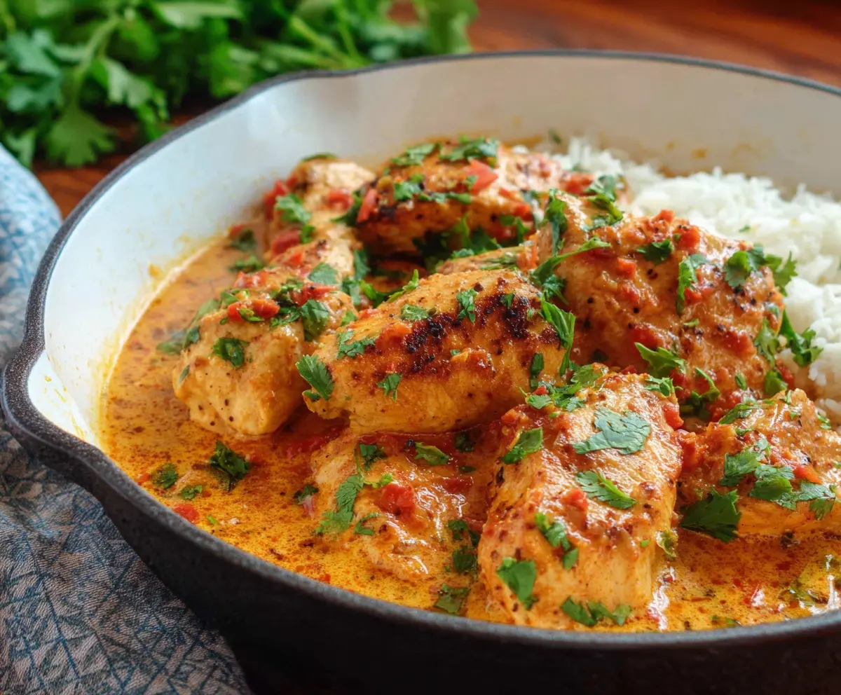 Delicious Spicy Brazilian Coconut Chicken served with fresh herbs and lime.
