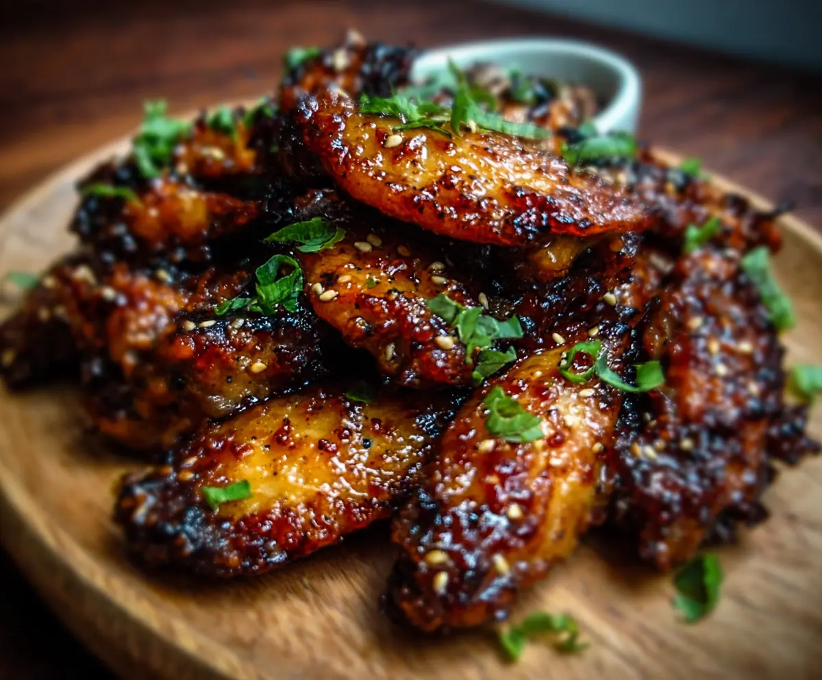 Juicy pineapple-teriyaki glazed chicken wings on a platter with garnished herbs.