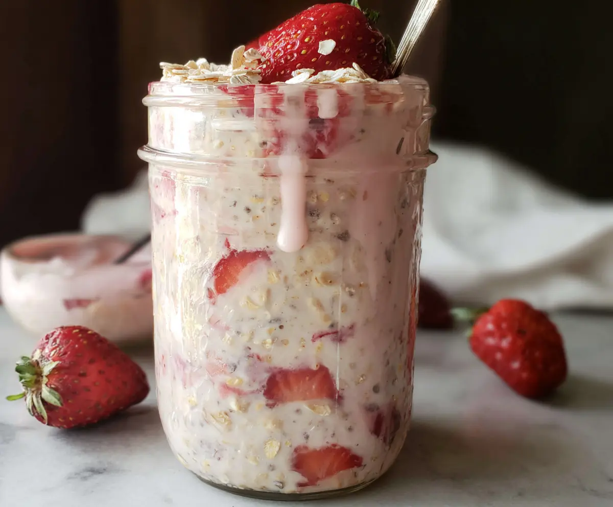 Delicious strawberries and cream overnight oats in a glass jar for breakfast.
