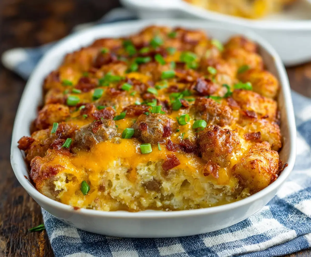 Delicious Tater Tot Sausage Breakfast Casserole in a baking dish