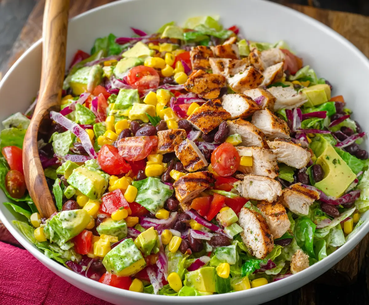 Colorful Tex-Mex chopped chicken salad with fresh vegetables and spicy dressing on a plate.