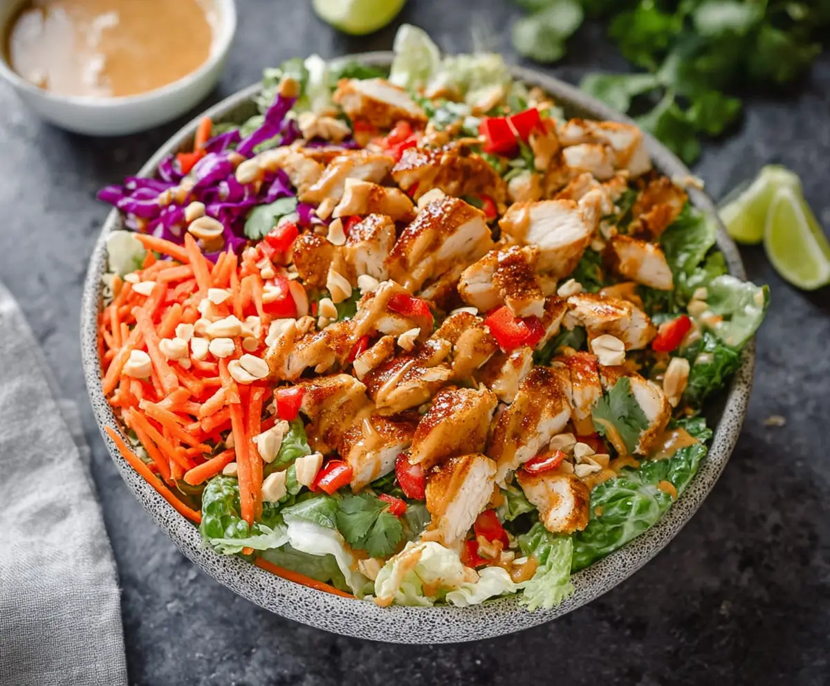 Fresh Thai Chicken Salad featuring grilled chicken, crisp vegetables, and a creamy peanut dressing.