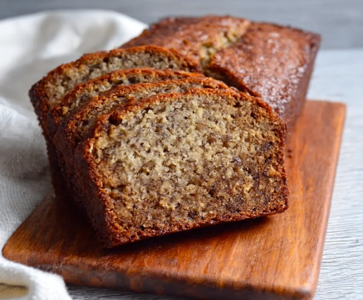 Delicious ultra-moist classic banana bread fresh out of the oven, showcasing golden-brown crust and soft, moist interior.