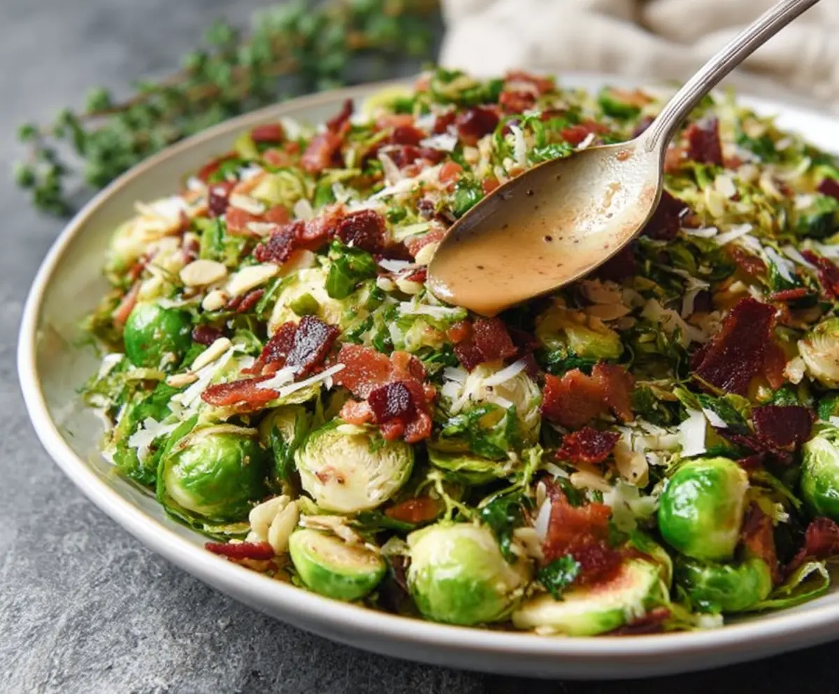 Delicious Warm Brussels Sprouts Bacon Salad garnished with crispy bacon and fresh herbs