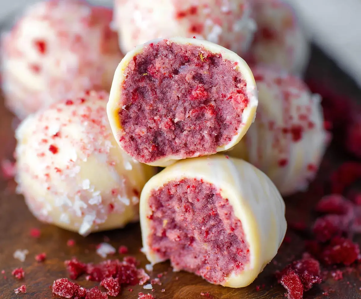 Delicious white chocolate raspberry truffles garnished with fresh raspberries on a white plate