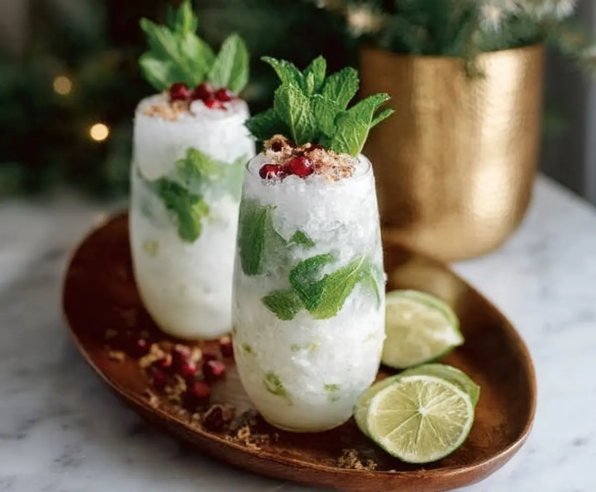 Refreshing White Christmas Mojitos with mint leaves and white rum in a festive glass
