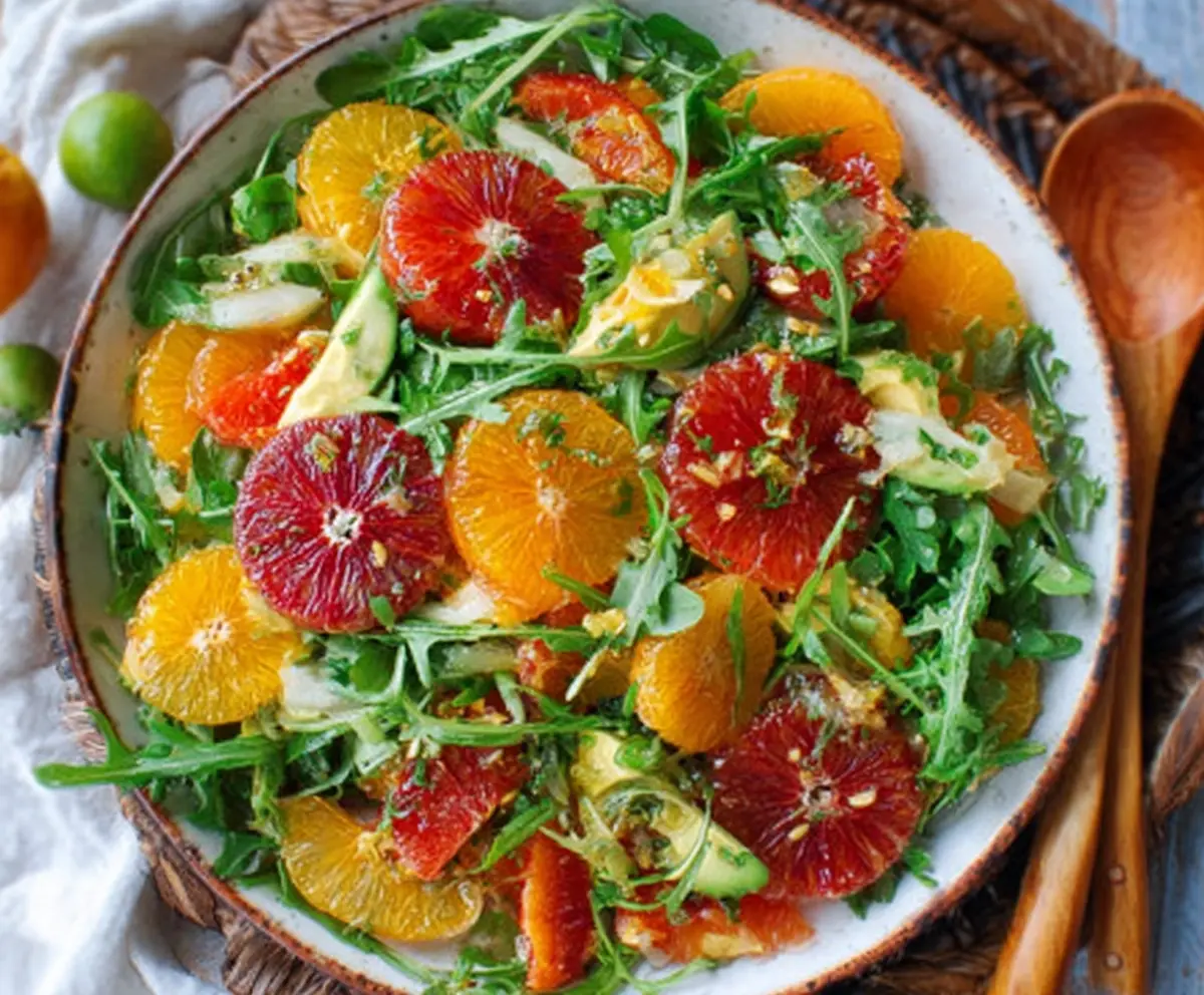 Refreshing Winter Citrus & Arugula Salad with oranges, grapefruits, and arugula leaves, perfect for a healthy meal.