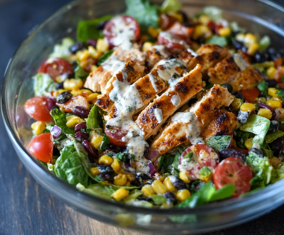 Fresh Zesty Southwest Chicken Salad with colorful vegetables and flavorful dressing.