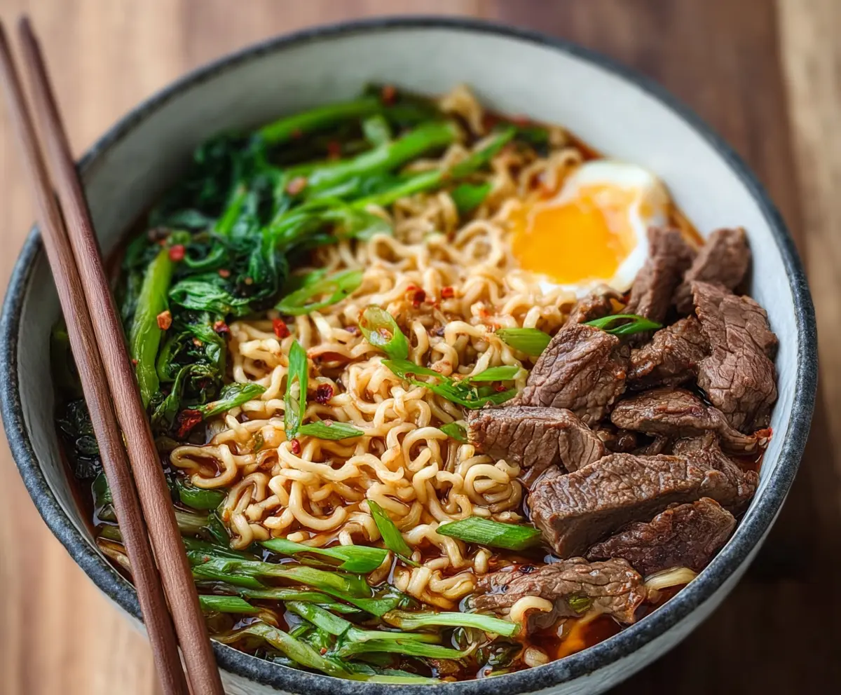 Delicious beef ramen noodles with rich broth, fresh vegetables, and tender slices of beef.