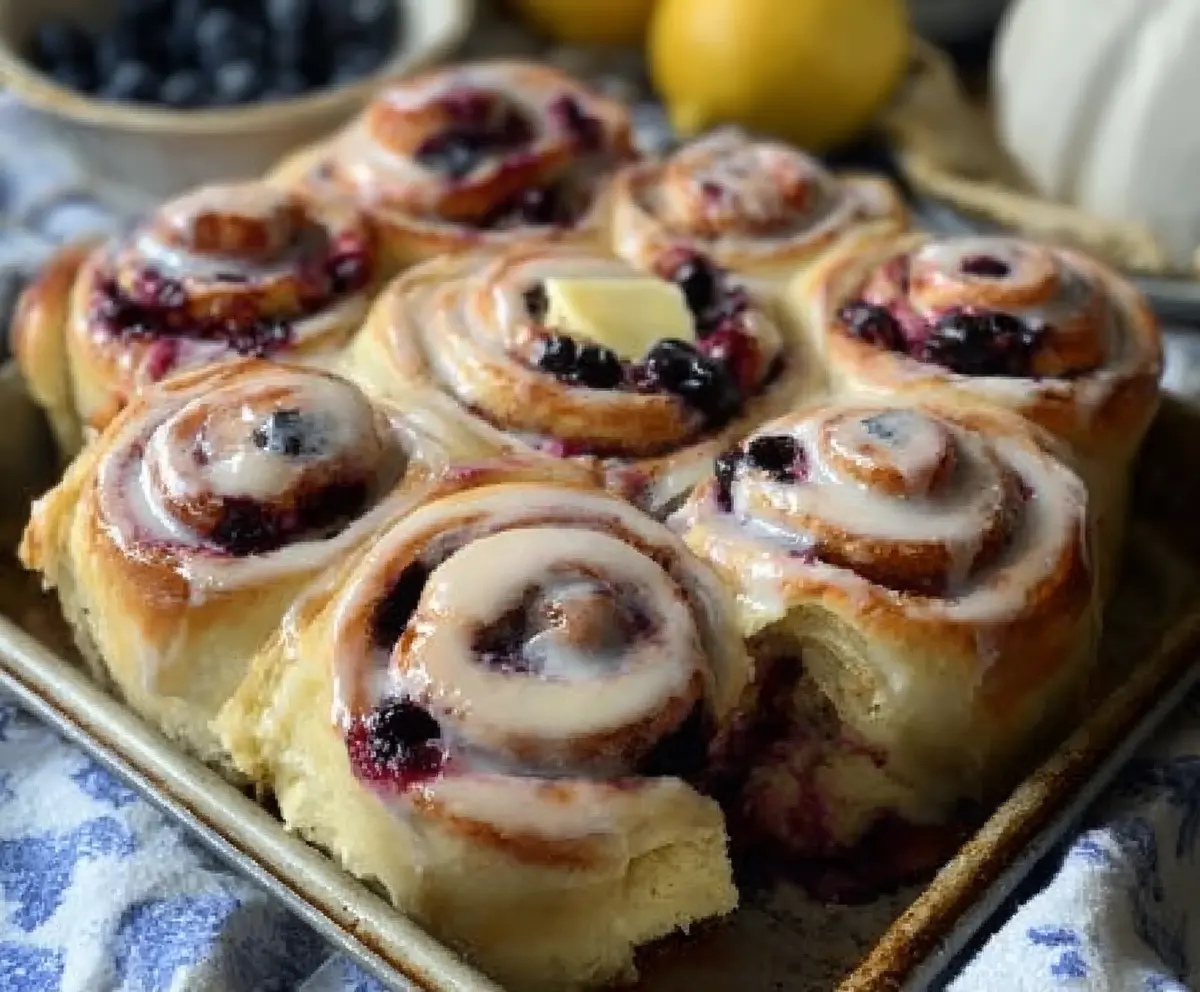Delicious Blueberry Lemon Sourdough Sweet Rolls fresh out of the oven with a golden crust and vibrant blueberry topping.