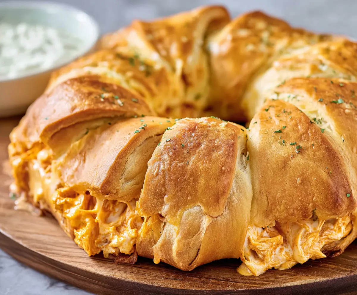 Delicious Buffalo Chicken Crescent Roll Ring fresh out of the oven, showcasing crispy golden pastry filled with spicy buffalo chicken.