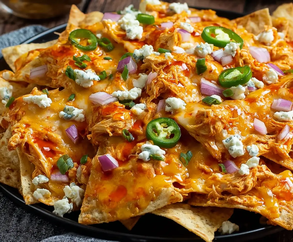 Spicy Buffalo Chicken Dip Loaded Nachos topped with melted cheese, jalapenos, and green onions.