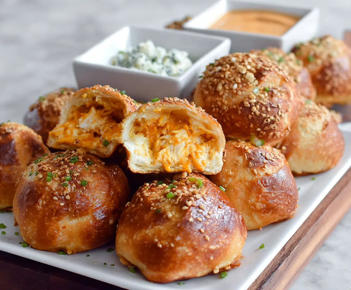 Buffalo Chicken Stuffed Pretzel Bites served as a spicy, cheesy appetizer with golden-brown pretzel shells.