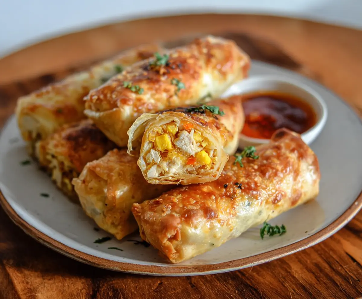 Delicious cheesy chicken spring roll with golden crispy exterior and savory filling.