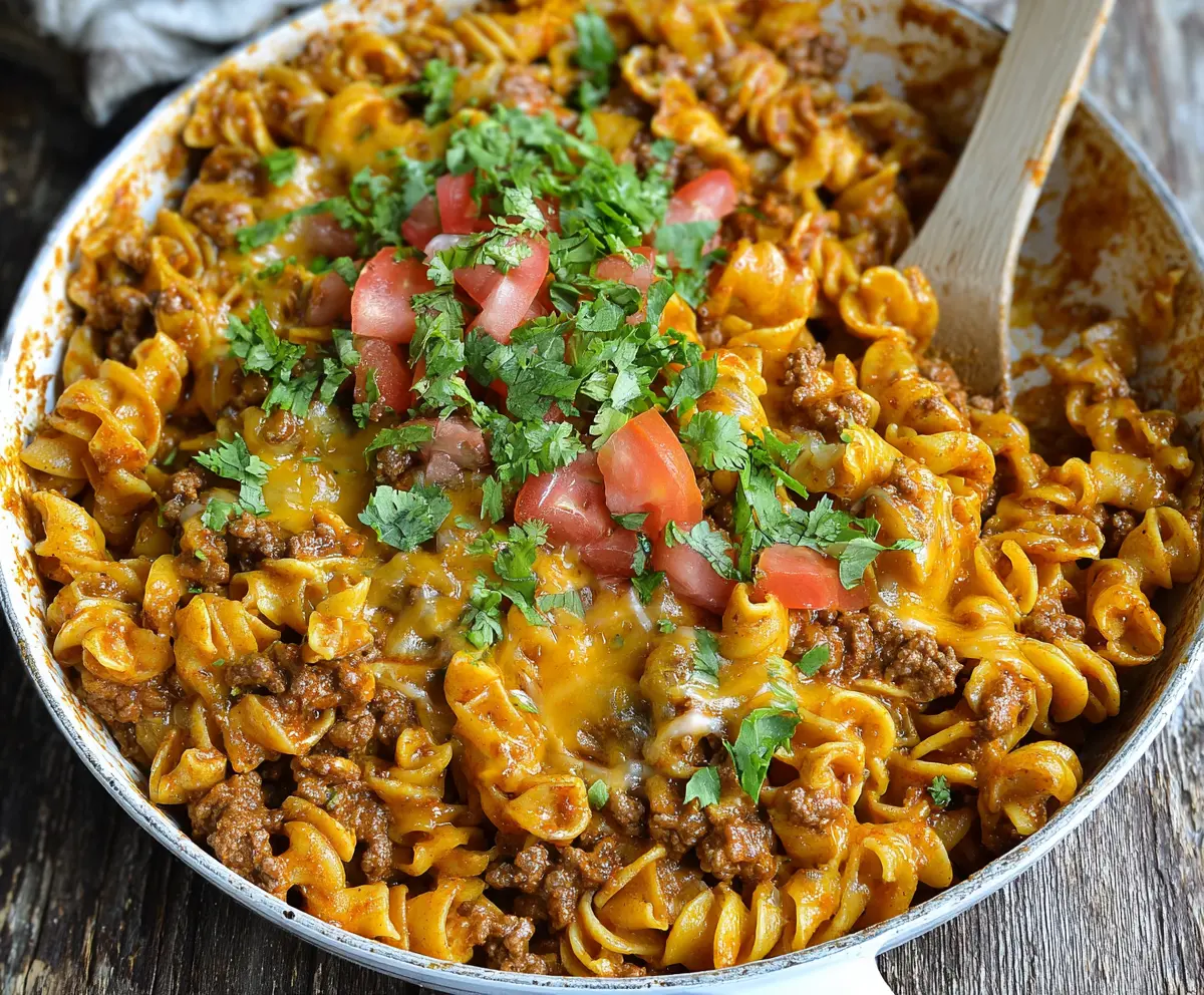 Delicious cheesy taco pasta served in a bowl, featuring seasoned ground beef, melted cheese, and fresh toppings.