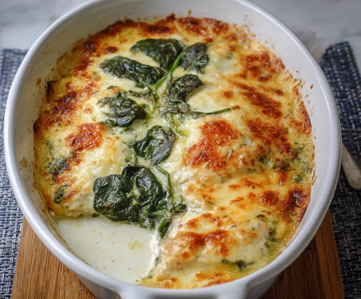Delicious Chicken and Spinach Casserole topped with Melted Cream Cheese, perfect for a hearty meal