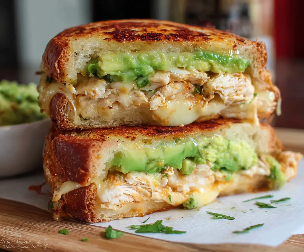 Delicious chicken avocado melt sandwich with melted cheese and fresh ingredients