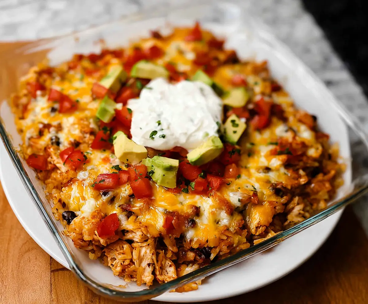 Delicious chicken burrito casserole with melted cheese, tortillas, and fresh toppings in a baking dish.