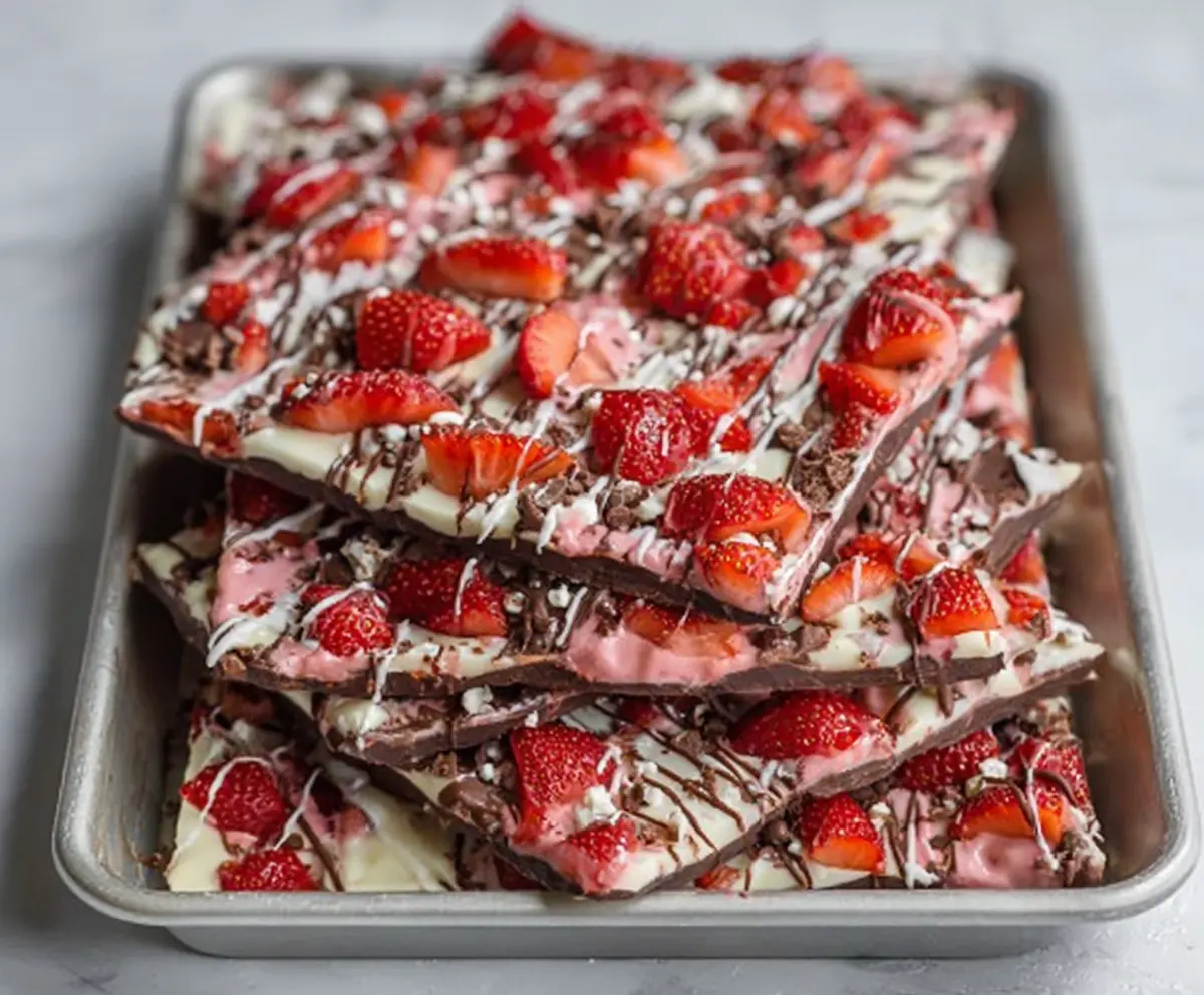 Delicious chocolate covered strawberry bark with vibrant red strawberries and smooth chocolate coating.