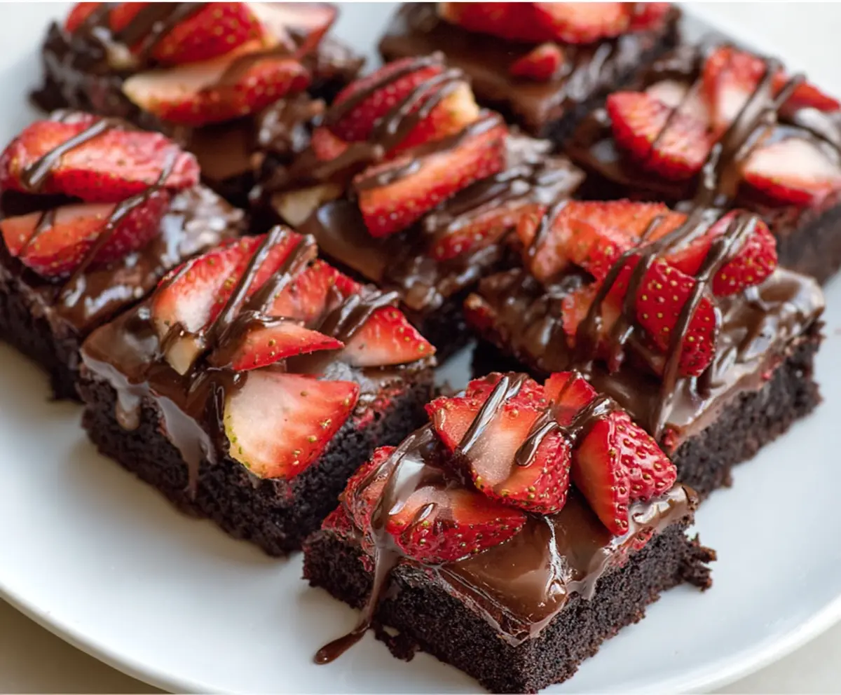 Delicious Chocolate Covered Strawberry Brownies with fresh strawberries dipped in chocolate