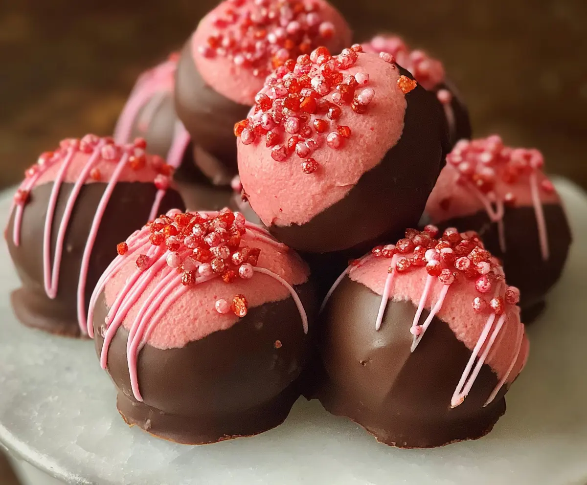 Delicious chocolate-covered strawberry buttercreams garnished with fresh strawberries on a decorative plate.