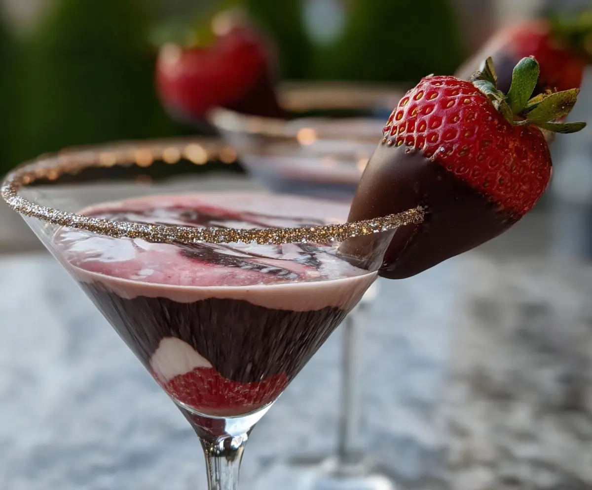Elegant chocolate-covered strawberry martini garnished with fresh strawberries and premium chocolate for a luxurious dessert cocktail.
