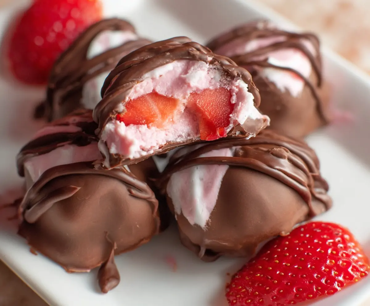 Delicious chocolate strawberry yogurt bites served in a bowl, ready to enjoy as a healthy snack or dessert.