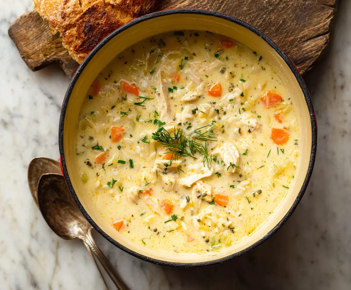 Creamy chicken and rice soup in a bowl garnished with herbs, served with a spoon on a wooden table.
