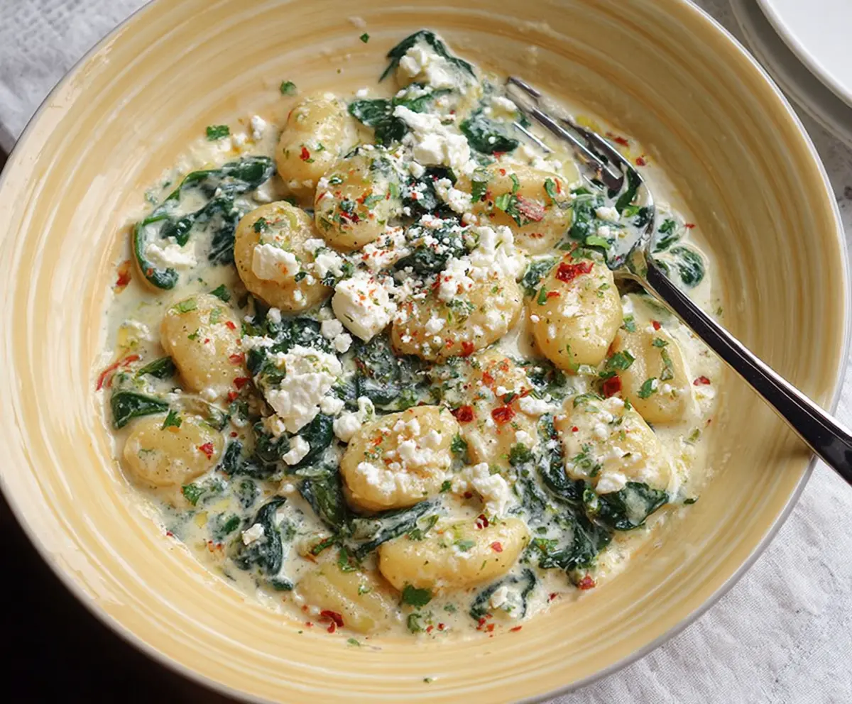 Delicious creamy gnocchi with fresh spinach and crumbled feta cheese served on a plate