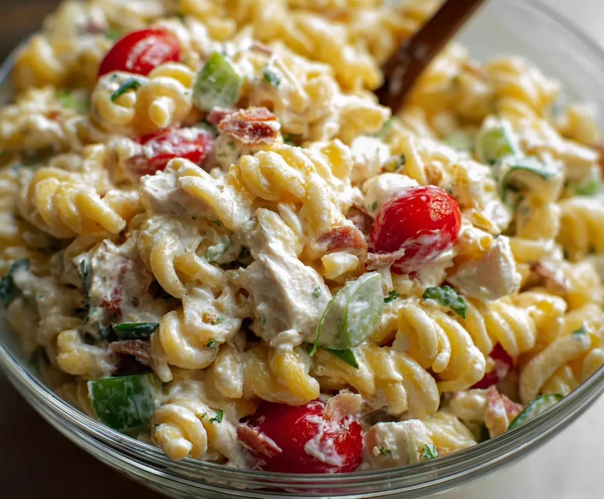 Creamy pasta salad with fresh vegetables and herbs, perfect for summer barbecue gatherings.