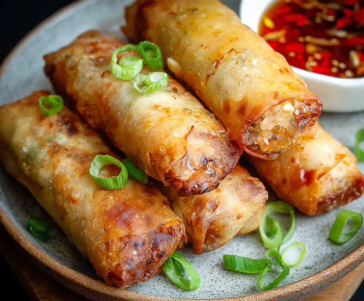 Crispy air fryer spring rolls served with dipping sauce on a plate, perfect for a healthy appetizer.