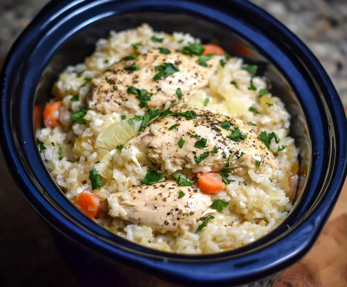 Delicious Crock Pot Chicken and Rice served in a bowl with fresh vegetables