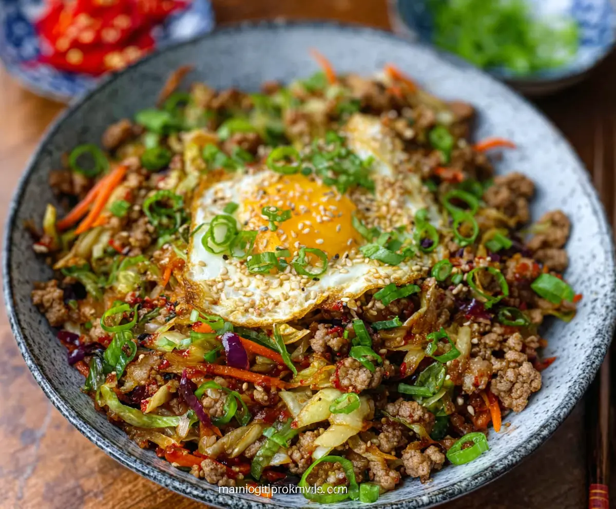 Healthy Egg Roll in a Bowl with fresh vegetables and savory pork, perfect for a quick low-carb meal.