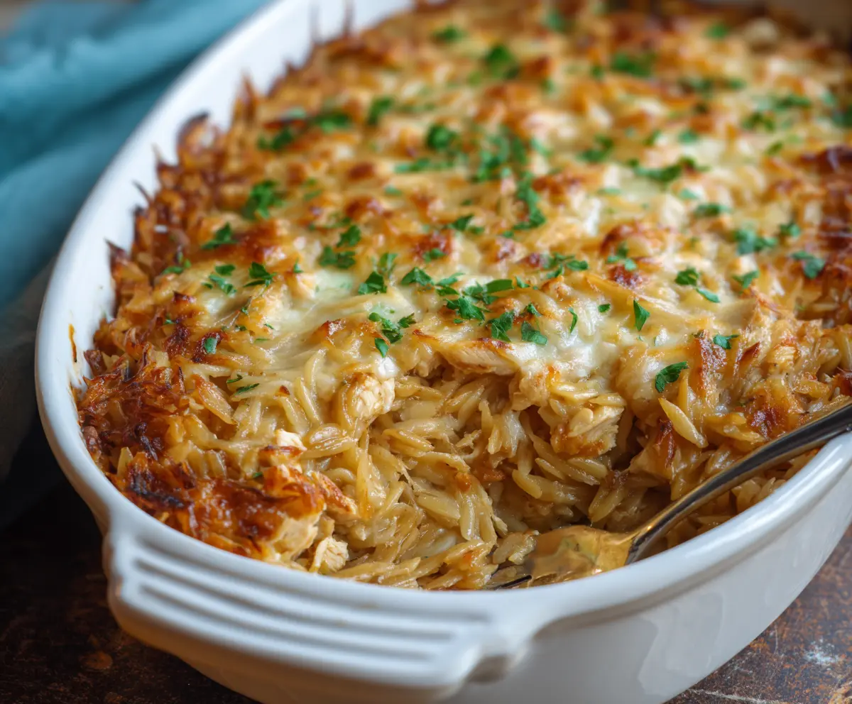 Easy French Onion Chicken Orzo Casserole
