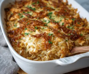 French Onion Chicken Orzo Casserole