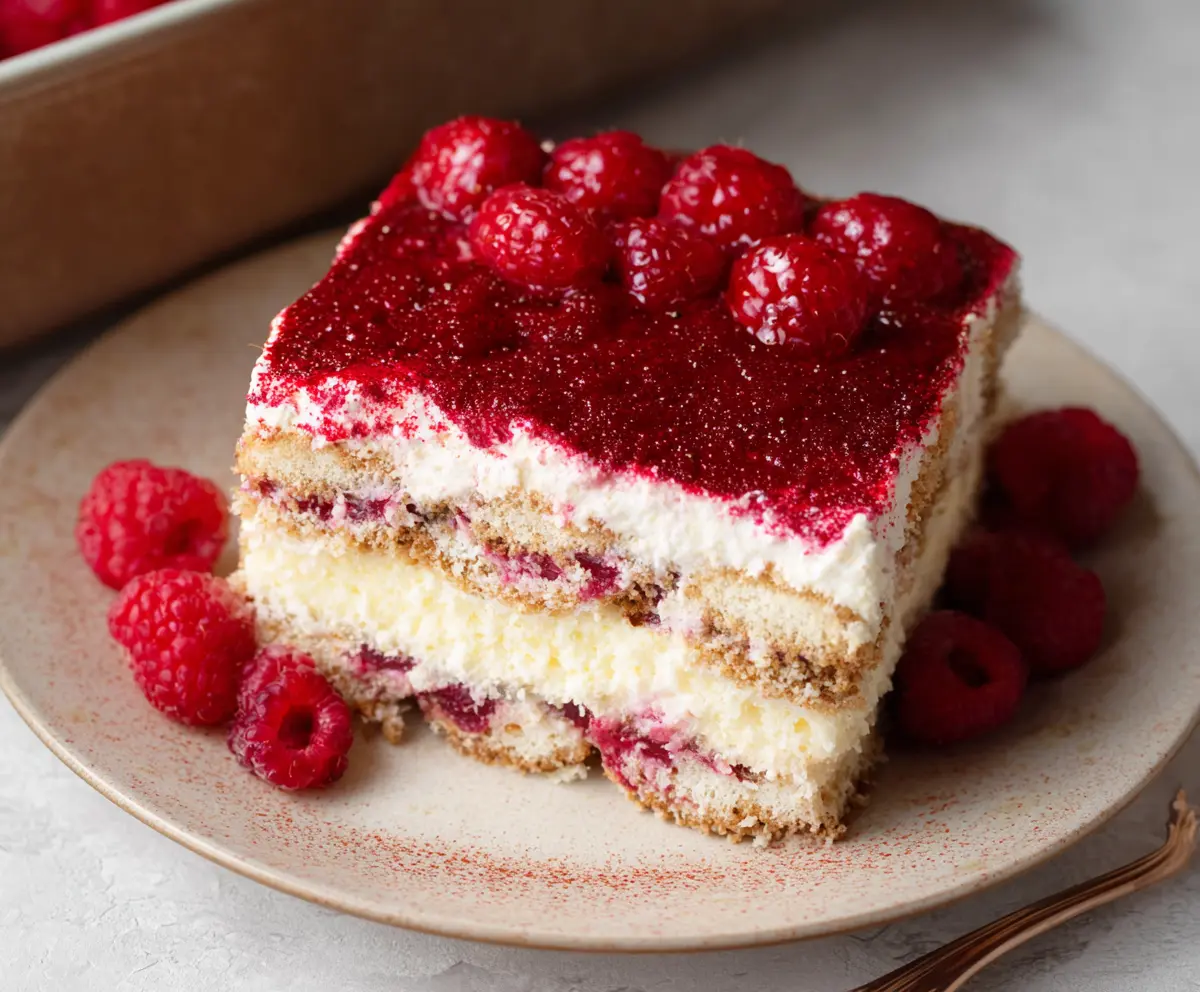 Delicious homemade Raspberry Tiramisu with fresh raspberries and creamy mascarpone layers
