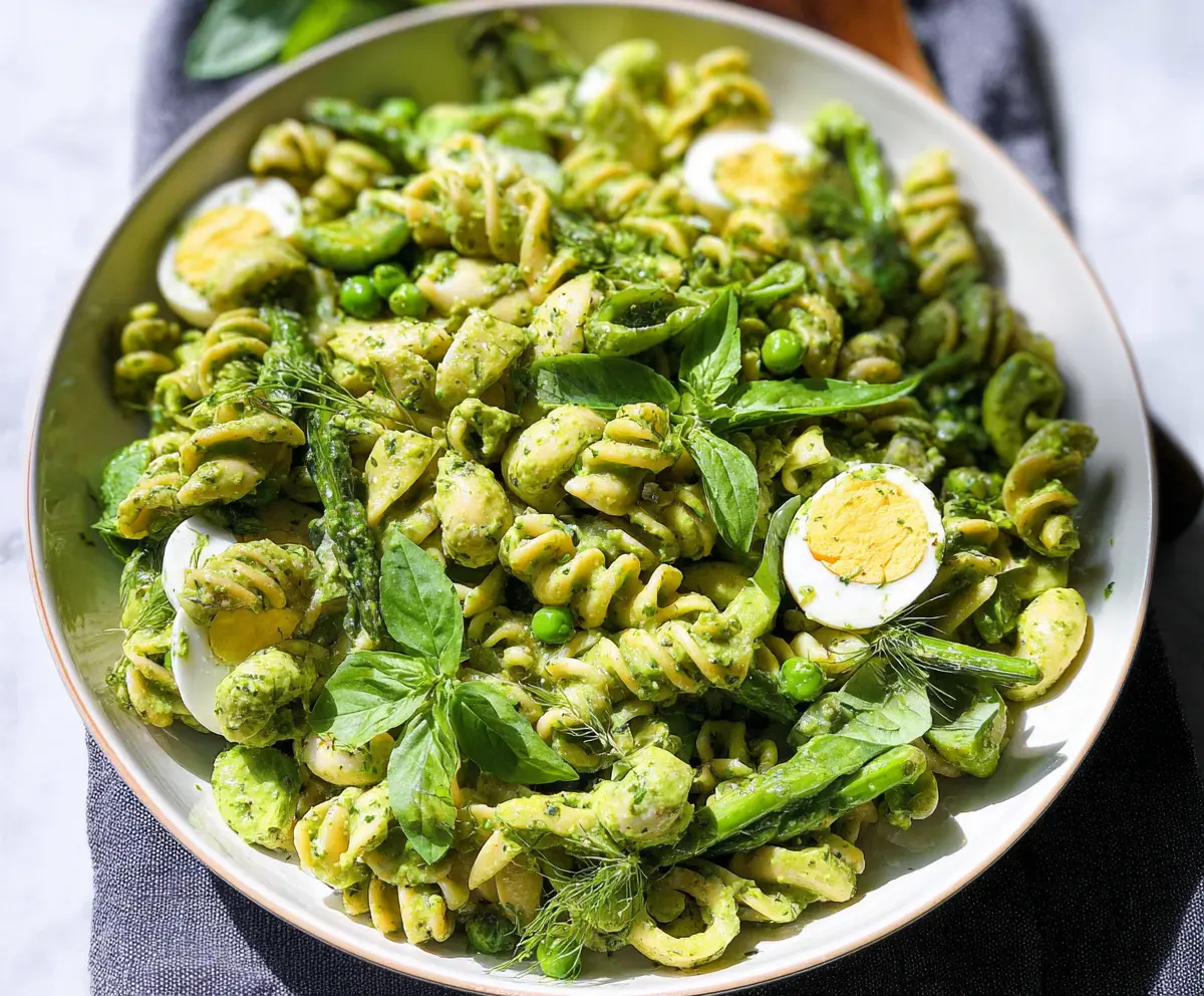 Fresh Green Goddess Pasta Salad with vibrant herbs, leafy greens, and nutritious vegetables for a colorful summer dish.
