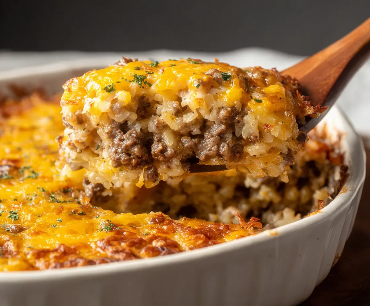 Delicious Hamburger Hashbrown Casserole in a baking dish with melted cheese and fresh herbs