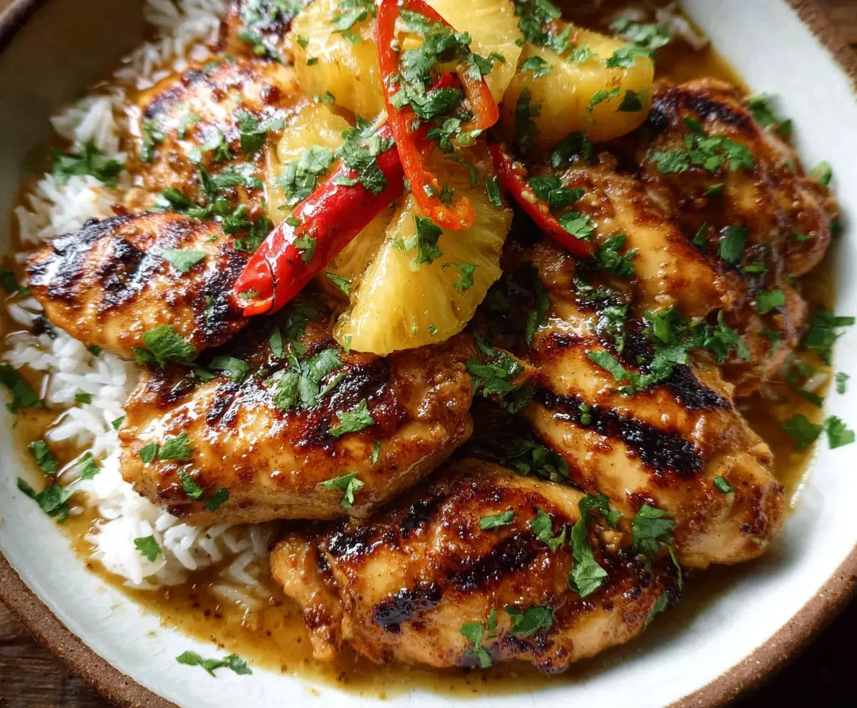 Delicious Hawaiian Chicken served with fragrant coconut rice on a colorful platter.