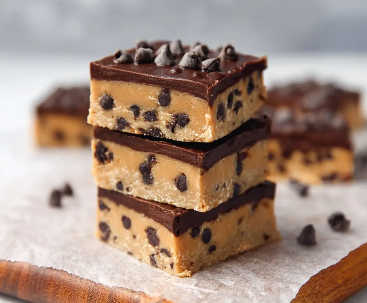 Healthy no-bake cookie dough bars, gluten-free vegan treat with oats, nut butter, and chocolate chips