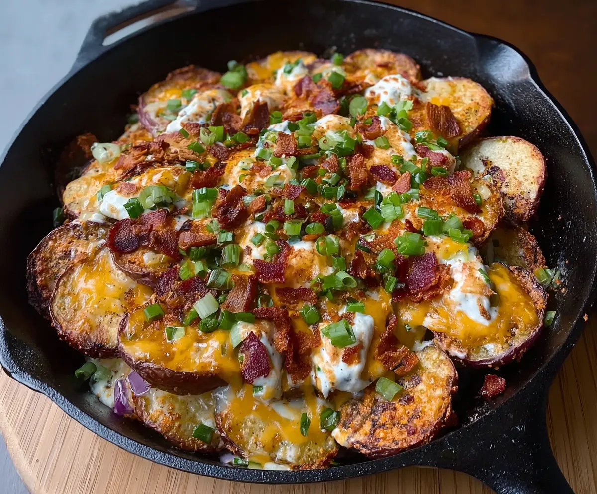Delicious Irish Pub Potato Nachos topped with cheese, jalapenos, and sour cream served as a hearty appetizer.
