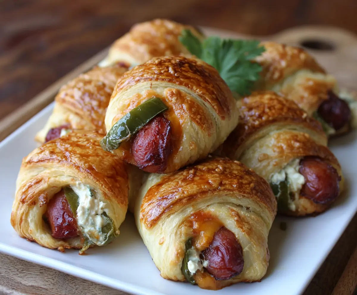 Golden jalapeno popper pigs in a blanket with melted cheese and crispy exterior