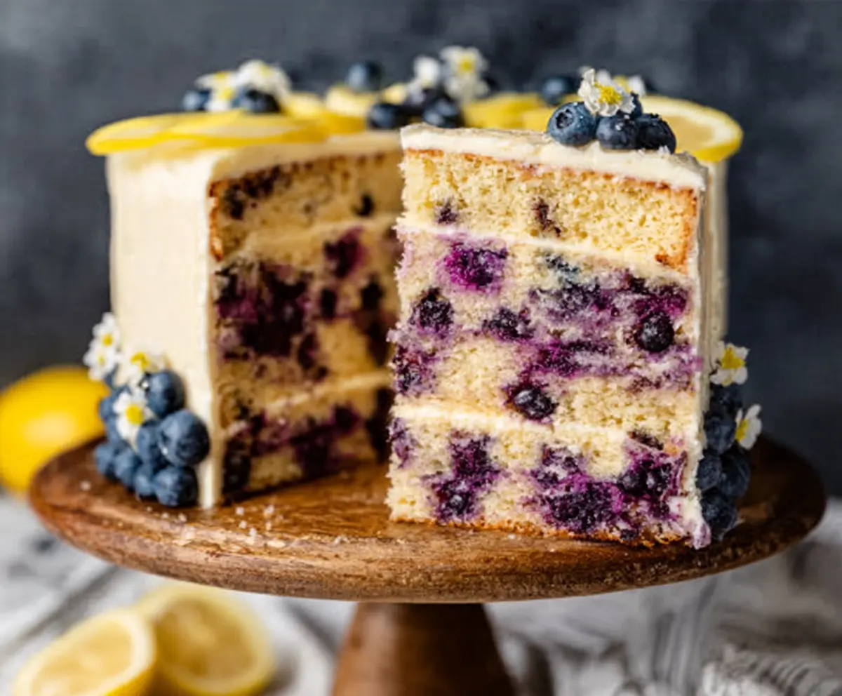 Delicious Lemon Blueberry Cake with fresh blueberries and zesty lemon frosting, perfect for desserts and celebrations.
